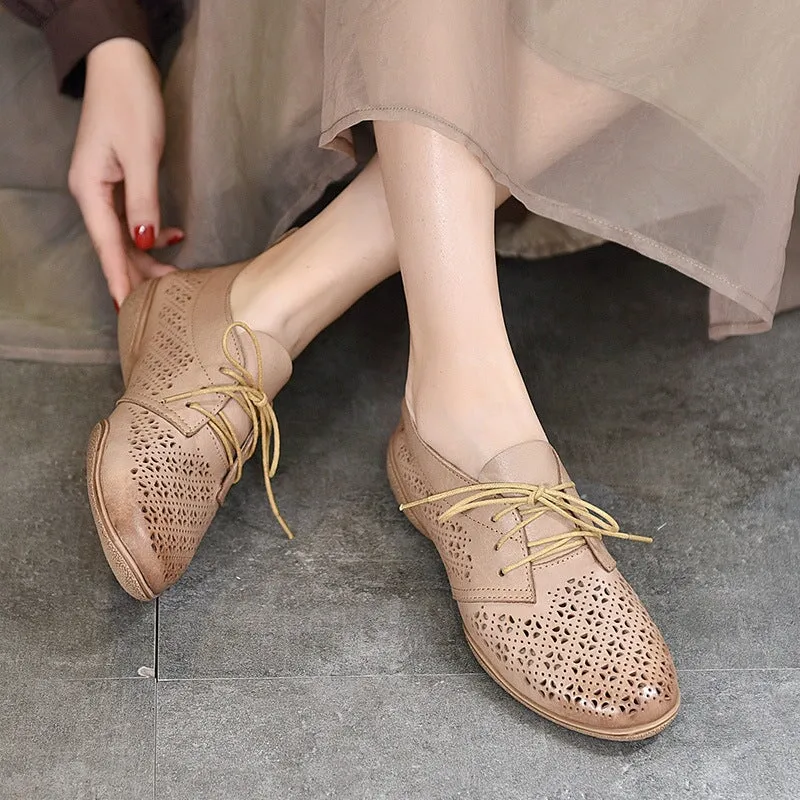 300d Oxford Fabric Perforated Design Genuine Leather Lace Up Oxfords for Women Soft Flats Coffee/Apricot