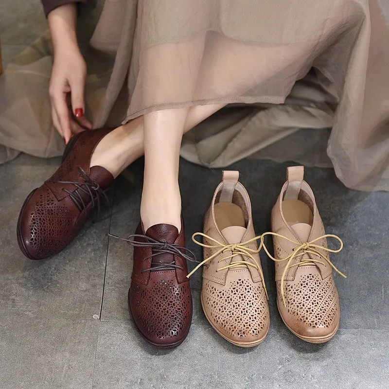 Perforated Design Genuine Leather Lace Up Oxfords for Women Soft Flats Coffee/Apricot Thorton Plain Toe Oxfords