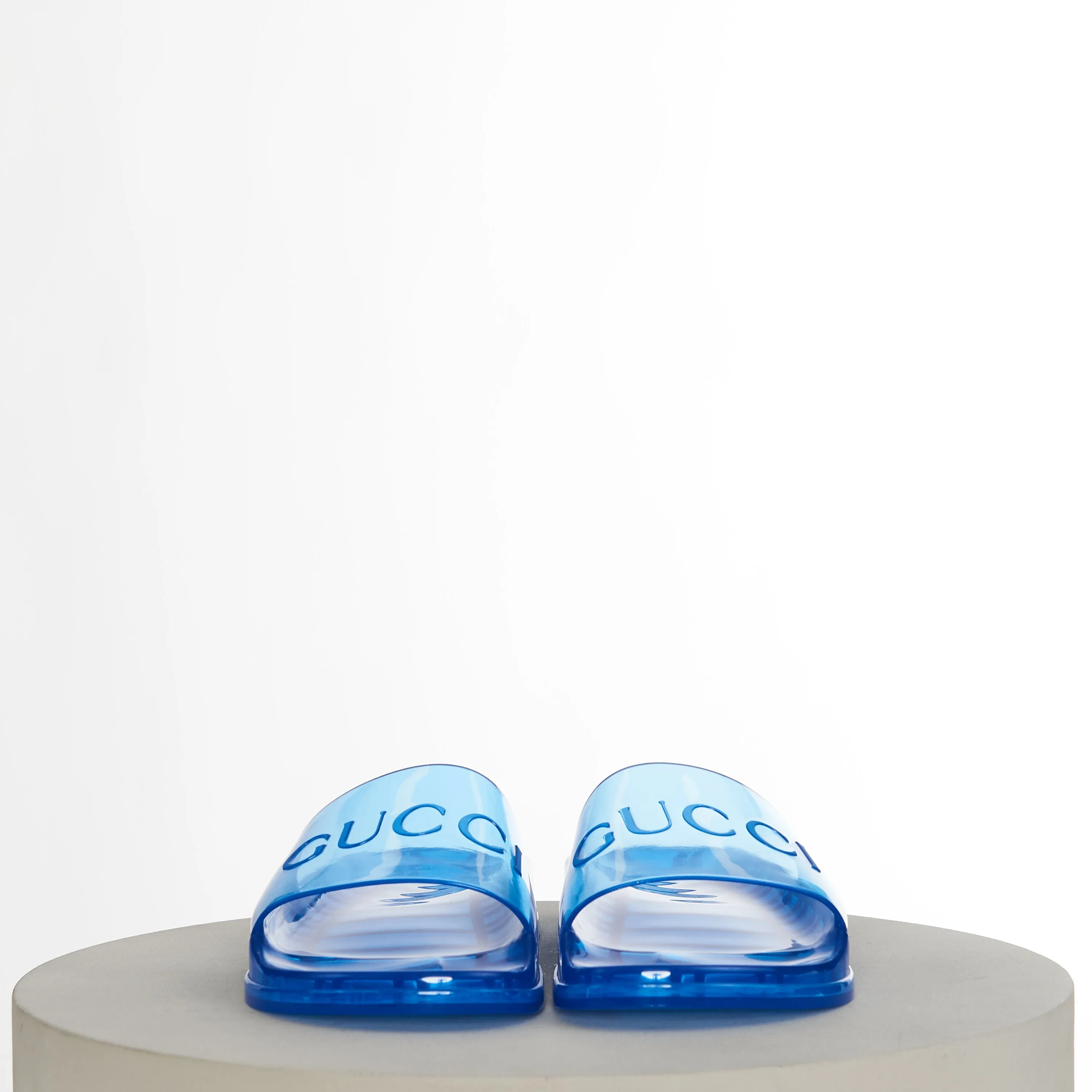 Men's Slide Sandals with Gucci Logo In Transparent Blue Rubber Sandals Leather