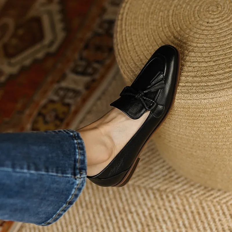 Purpdrank - Spring Genuine Leather Women Shoes Casual Slip-On Loafers Comfortable Simple Shoes Square Toe Shoes Woman Zapatos De Mujer Loafers Sole