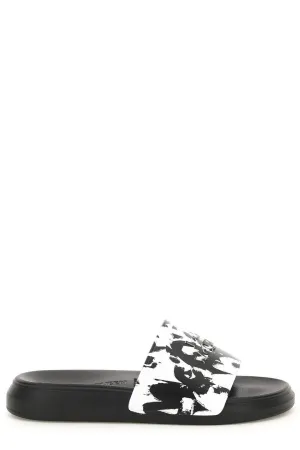 Alexander McQueen Graffiti Printed Slip-On Slides Light Blue Sandals