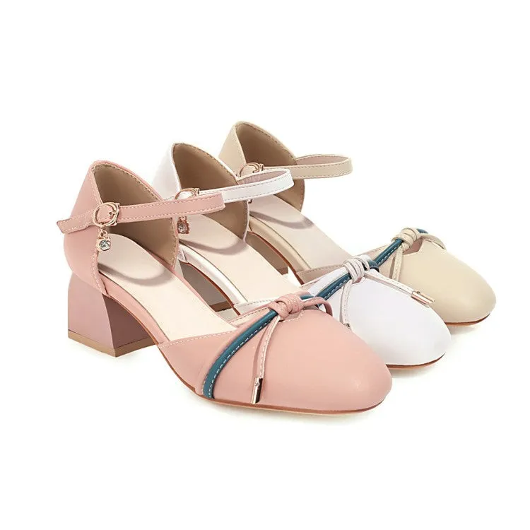 Denim Slide Sandals Women's Knot Ankle Strap Block Heel Sandals