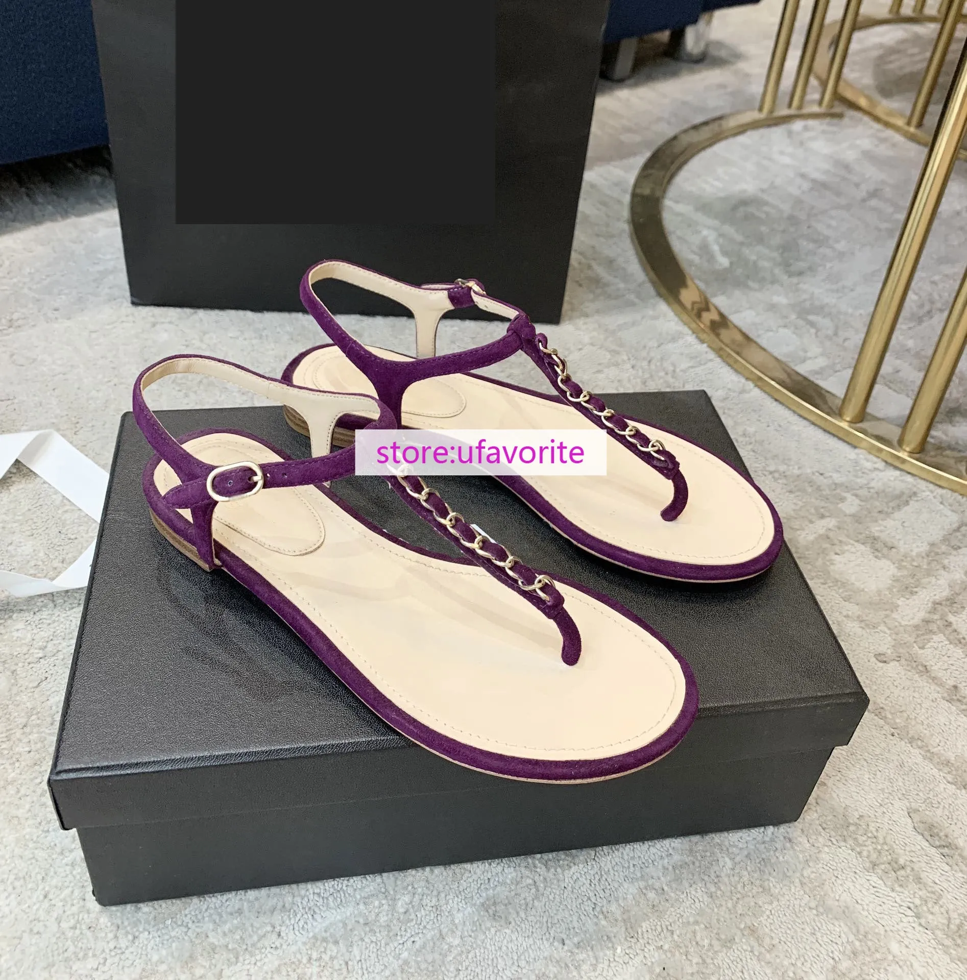 Comfy Flip Flops For Walking 1cm Suede leather flats sandals chain fashion Flip flops shoes women 2022new 35-41