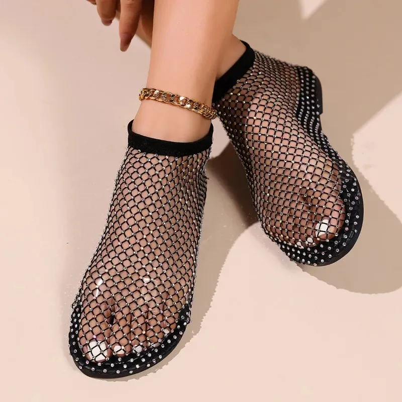 Women's Mesh Boots Fashion Hollow Out Full Sandals Full Rhinestone Sports Casual Women Shoes Comfortable Elegant Ethnic Style Western Boot Sandals