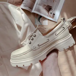 Wellsgate Oxford Platform Shoes Women Genuine Cow Leather Round Toe Sewing Lace-Up Flats Chunky Sole Ladies Derby Shoes Handmade