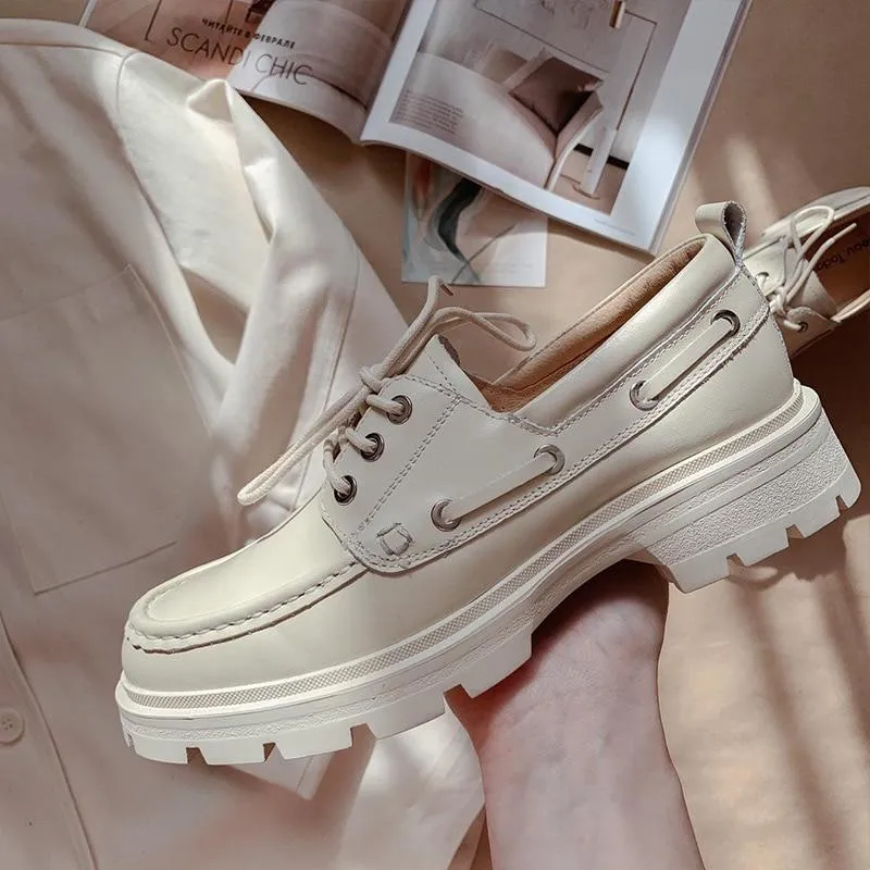 Platform Shoes Women Genuine Cow Leather Round Toe Sewing Lace-Up Flats Chunky Sole Ladies Derby Shoes Handmade Oxfords 2021