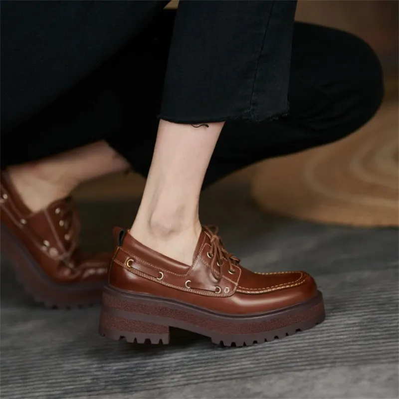 Short Sleeve Oxford Shirts Platform Shoes Women Genuine Cow Leather Round Toe Sewing Lace-Up Flats Chunky Sole Ladies Derby Shoes Handmade