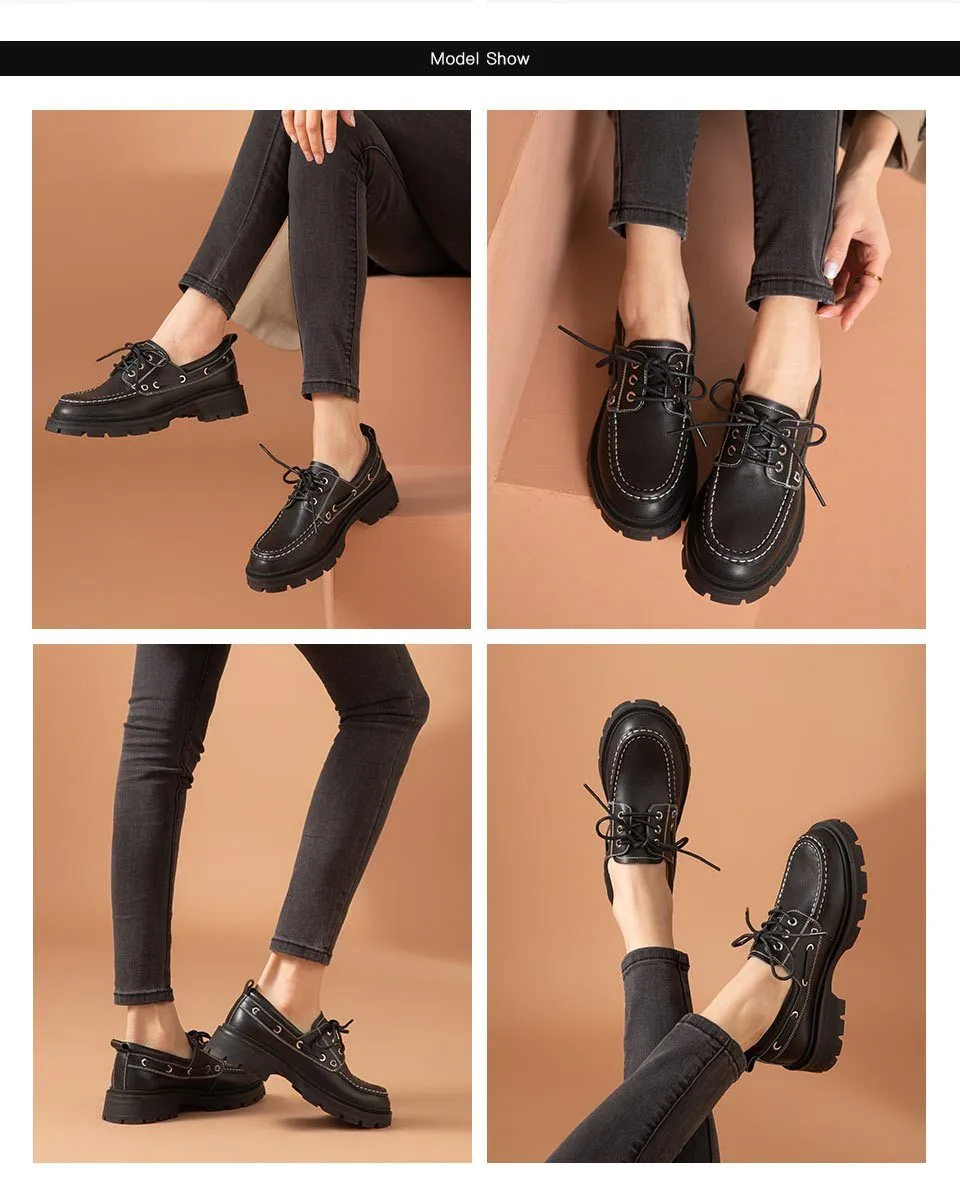 Platform Shoes Women Genuine Cow Leather Round Toe Sewing Lace-Up Flats Chunky Sole Ladies Derby Shoes Handmade Stratton Shroud Oxfords