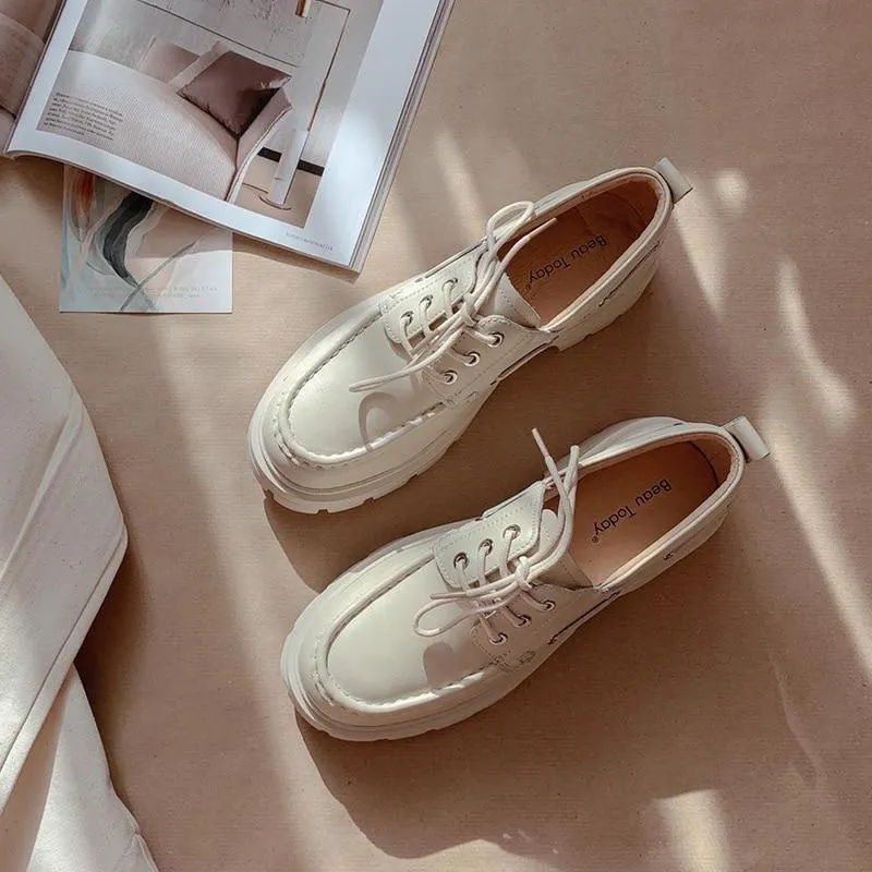 No Heel Oxfords Platform Shoes Women Genuine Cow Leather Round Toe Sewing Lace-Up Flats Chunky Sole Ladies Derby Shoes Handmade