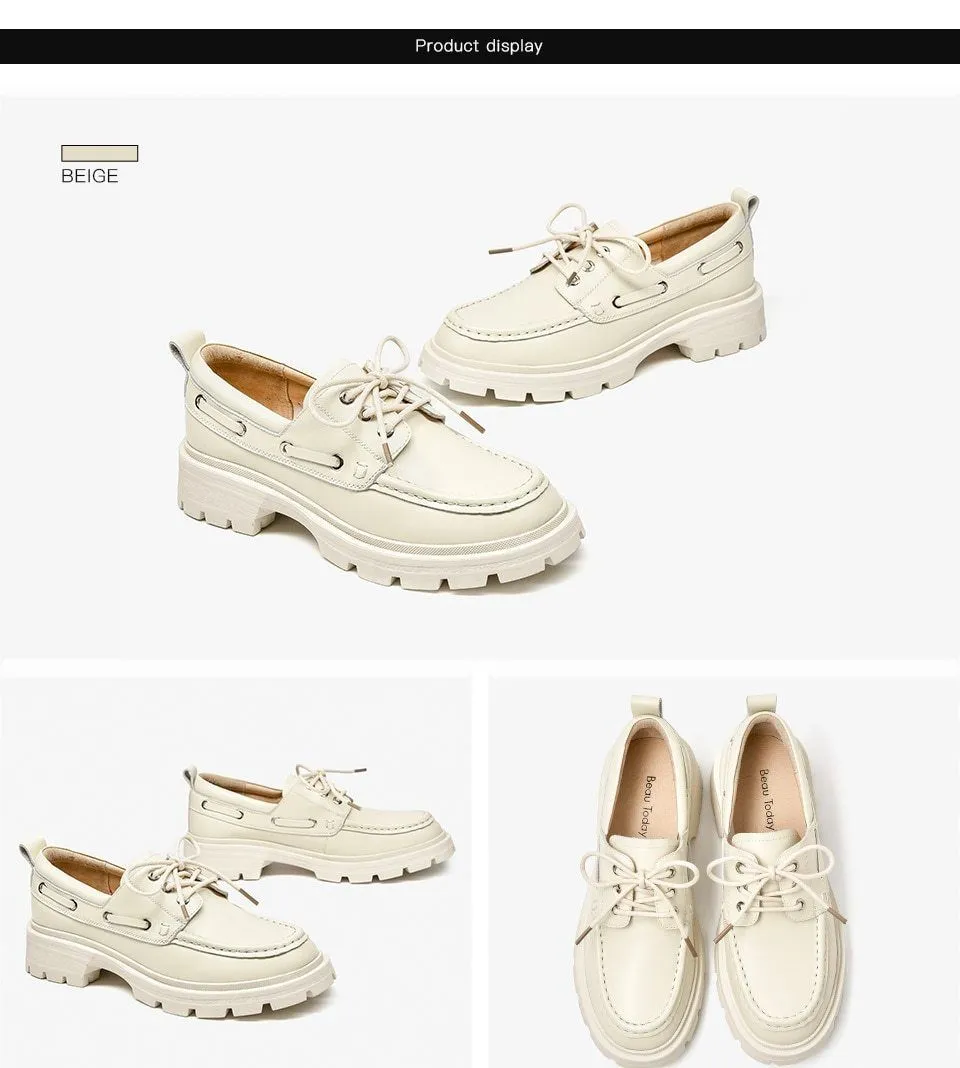 Platform Shoes Women Genuine Cow Leather Round Toe Sewing Lace-Up Flats Chunky Sole Ladies Derby Shoes Handmade Florsheim Midtown Cap Toe Oxford