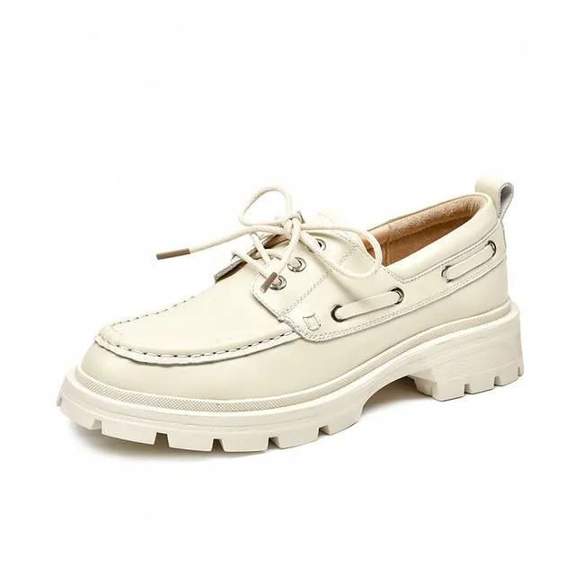 Willits Saddle Oxfords Platform Shoes Women Genuine Cow Leather Round Toe Sewing Lace-Up Flats Chunky Sole Ladies Derby Shoes Handmade