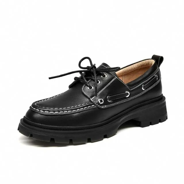 Targhee Iii Oxfords Platform Shoes Women Genuine Cow Leather Round Toe Sewing Lace-Up Flats Chunky Sole Ladies Derby Shoes Handmade