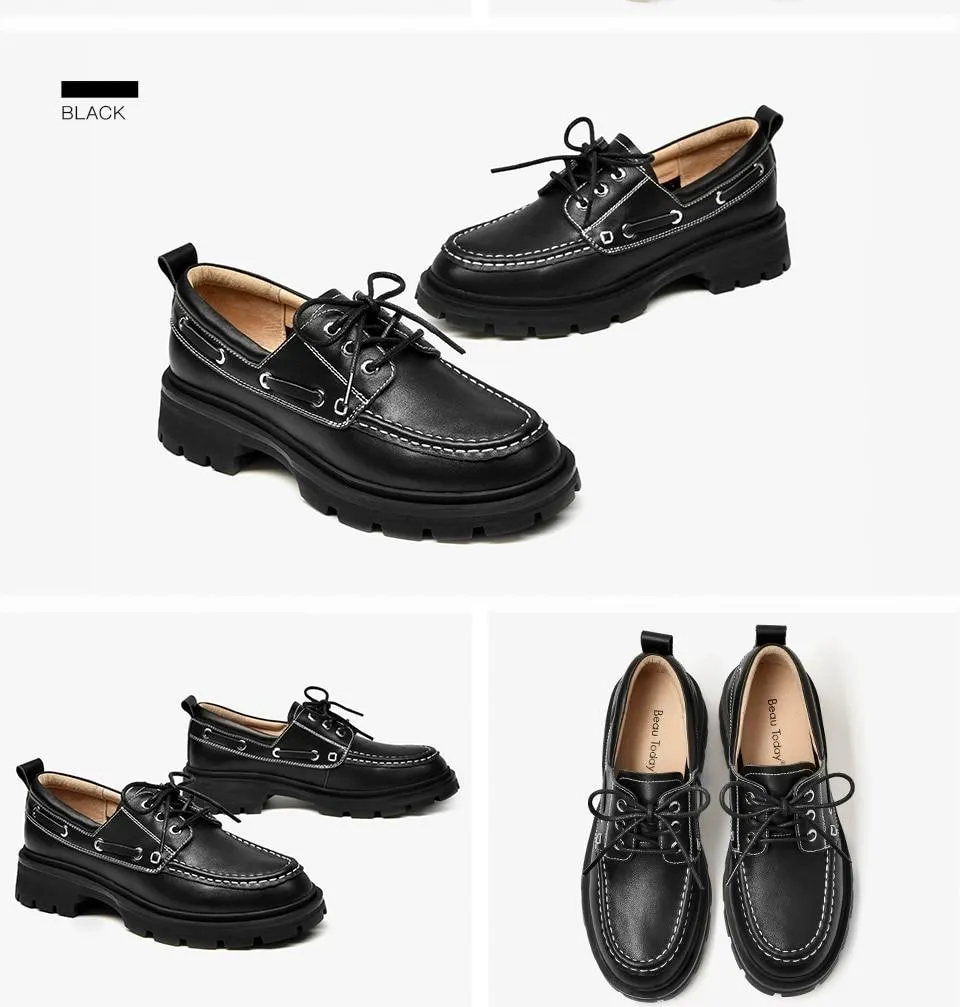 Platform Shoes Women Genuine Cow Leather Round Toe Sewing Lace-Up Flats Chunky Sole Ladies Derby Shoes Handmade Ros Hommerson Oxfords
