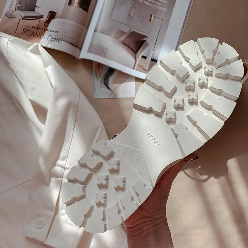 Platform Shoes Women Genuine Cow Leather Round Toe Sewing Lace-Up Flats Chunky Sole Ladies Derby Shoes Handmade Oxford Shoes With Jeans