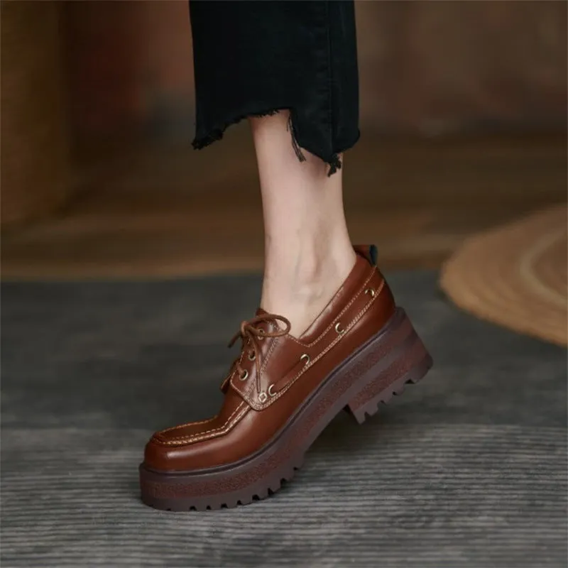 Oxfords With Dress Platform Shoes Women Genuine Cow Leather Round Toe Sewing Lace-Up Flats Chunky Sole Ladies Derby Shoes Handmade
