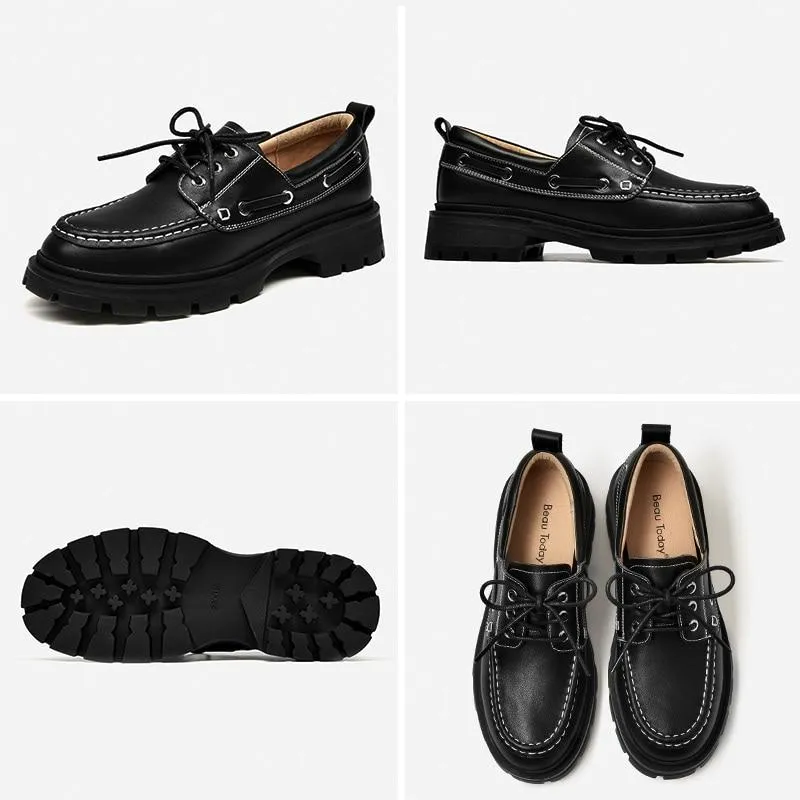 Emma Oxfords Platform Shoes Women Genuine Cow Leather Round Toe Sewing Lace-Up Flats Chunky Sole Ladies Derby Shoes Handmade