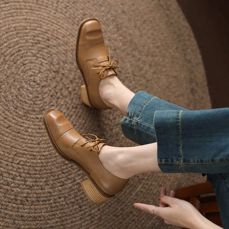 Mid Heel Cap Toe Derby Shoes For Women Block Heels Normal Fit in Apricot/Brown/Black Polished Leather Oxfords