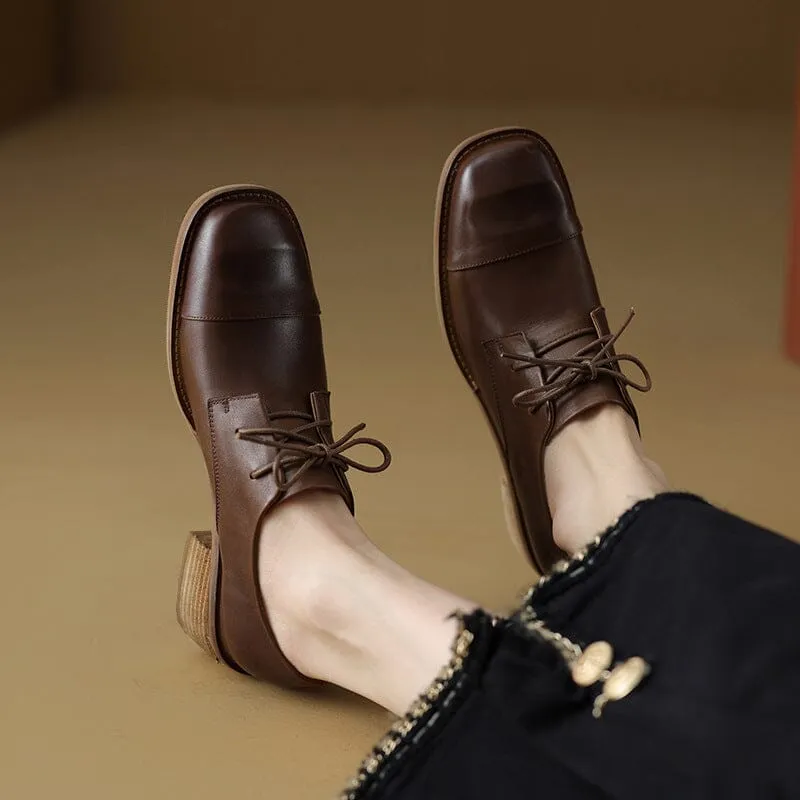 Mid Heel Cap Toe Derby Shoes For Women Block Heels Normal Fit in Apricot/Brown/Black Upton Plain Toe Leather Oxfords