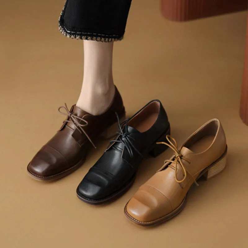 Mid Heel Cap Toe Derby Shoes For Women Block Heels Normal Fit in Apricot/Brown/Black Plain Toe Oxfords With Rubber Soles