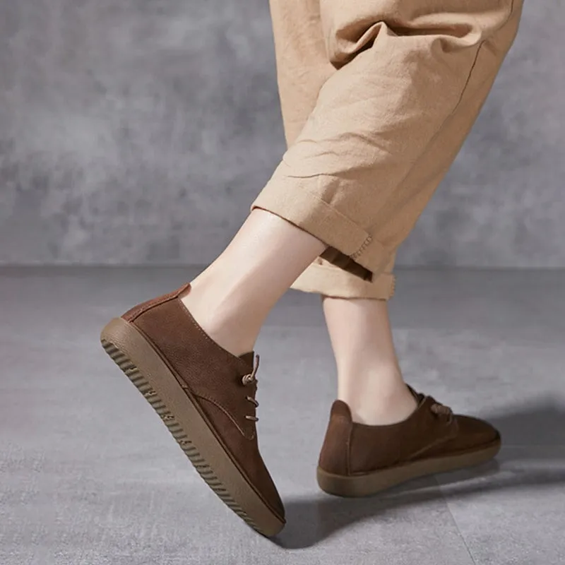 Oxfords Wide Width Retro Genuine Leather Lace up Flats For Women In Grey/Coffee/Khaki