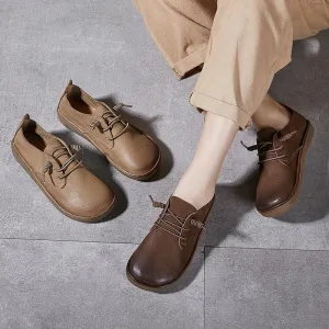Button Down Oxford Shirts Retro Genuine Leather Lace up Flats For Women In Grey/Coffee/Khaki