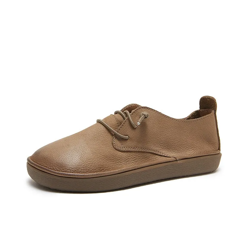 Leggings And Oxfords Retro Genuine Leather Lace up Flats For Women In Grey/Coffee/Khaki