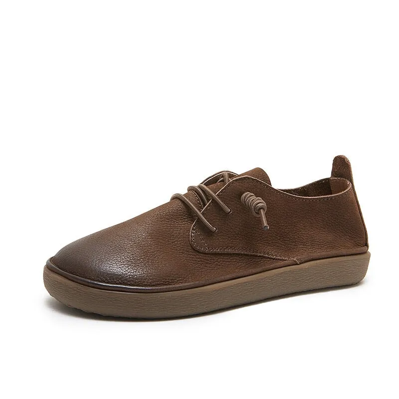 Retro Genuine Leather Lace up Flats For Women In Grey/Coffee/Khaki Retro Oxford Heels