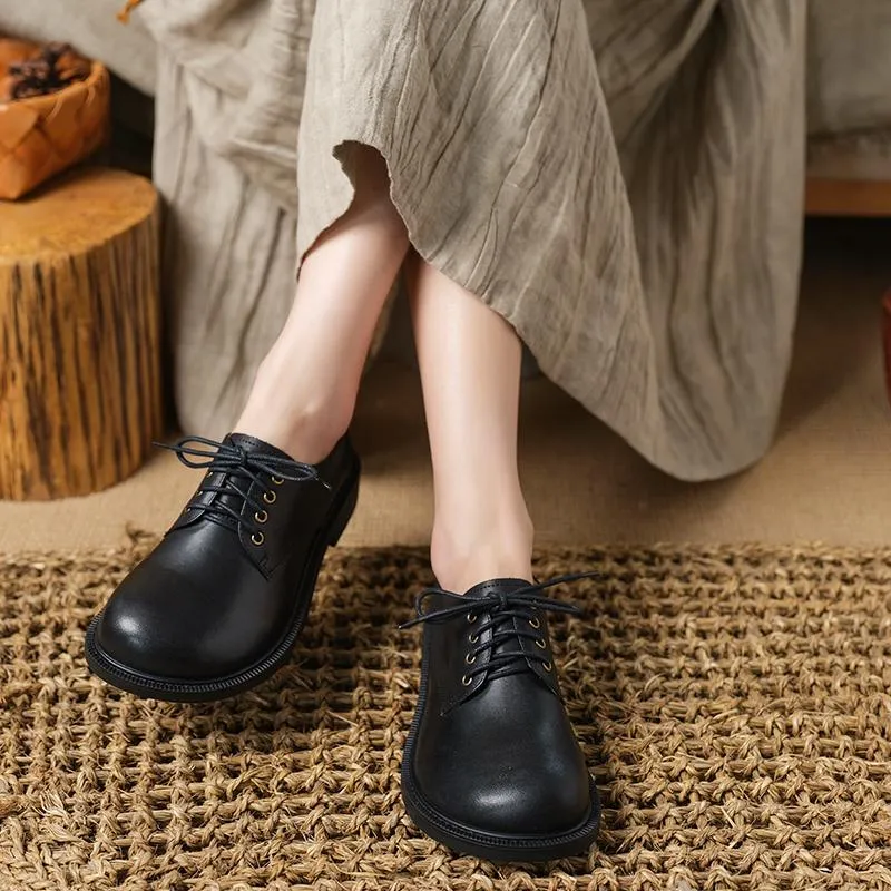 Retro Lace Up Leather Shoes Round Toe  Black/Coffee Sale Oxford Shoes