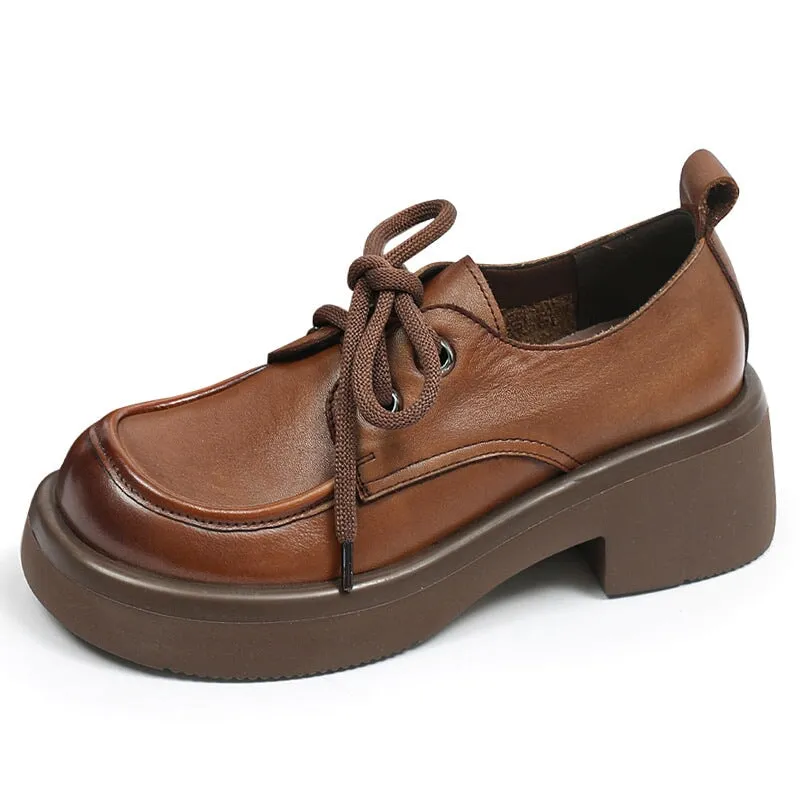 Retro Lace Up Leather Shoes Round Toe Block Heel Oxford Shoes Black/Brown Bucks Vs Oxfords