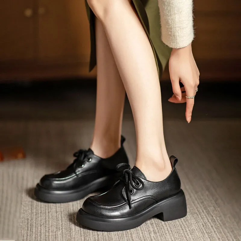 Retro Lace Up Leather Shoes Round Toe Block Heel Oxford Shoes Black/Brown Faux Leather Platform Oxfords