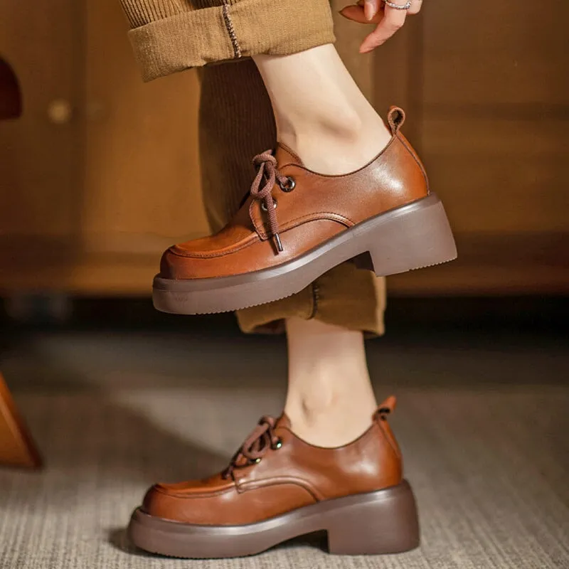 Oxford Laces Retro Lace Up Leather Shoes Round Toe Block Heel Oxford Shoes Black/Brown