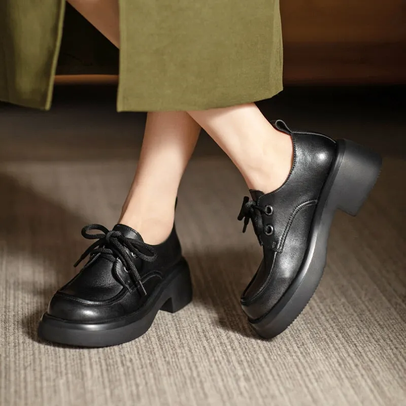 Retro Lace Up Leather Shoes Round Toe Block Heel Oxford Shoes Black/Brown Button Down Oxford Shirts
