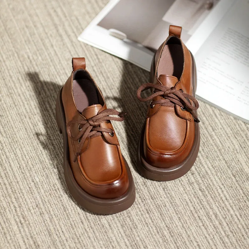 Rubber Sole Oxfords Retro Lace Up Leather Shoes Round Toe Block Heel Oxford Shoes Black/Brown