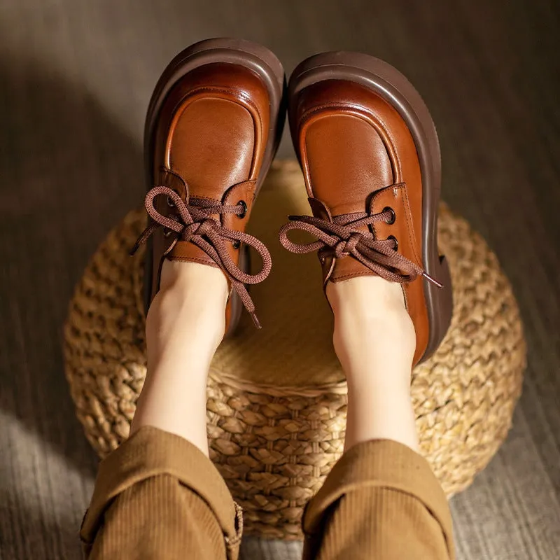 Retro Lace Up Leather Shoes Round Toe Block Heel Oxford Shoes Black/Brown Jeans Oxfords