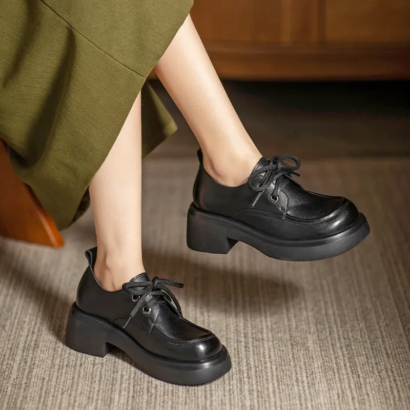 Retro Lace Up Leather Shoes Round Toe Block Heel Oxford Shoes Black/Brown Lace Up Oxford Heels