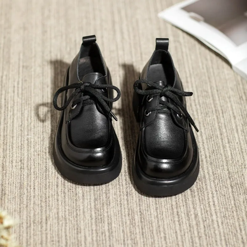 Oxfords Without Brogues Retro Lace Up Leather Shoes Round Toe Block Heel Oxford Shoes Black/Brown