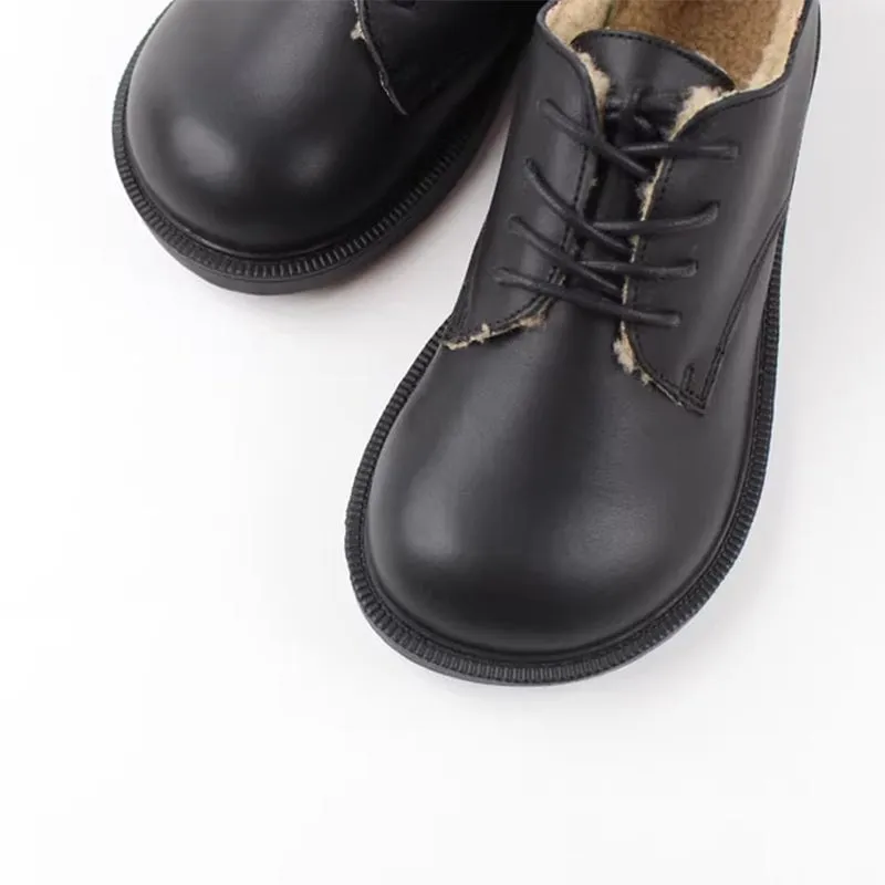 Retro Lace Up Leather Shoes Round Toe Shearling Lined Oxford Shoes Black Platform Oxford Shoes