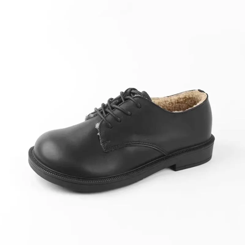 Retro Lace Up Leather Shoes Round Toe Shearling Lined Oxford Shoes Black Dress Shoes Vs Oxfords