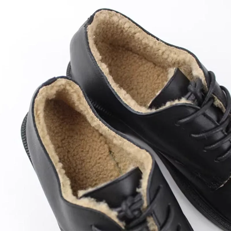 Grand Remix Knit Oxfords Retro Lace Up Leather Shoes Round Toe Shearling Lined Oxford Shoes Black