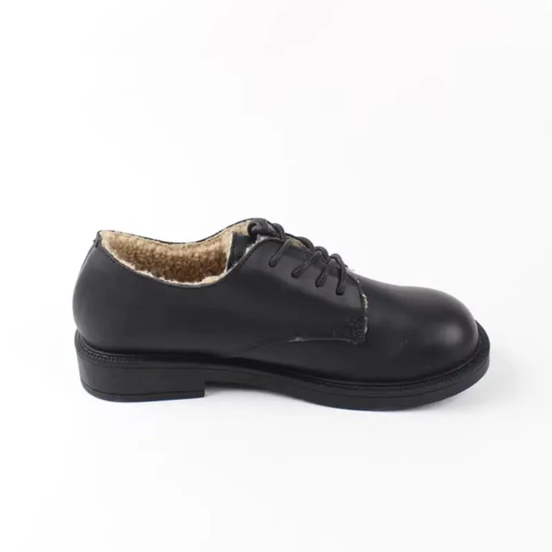 Best Oxford Shirts Retro Lace Up Leather Shoes Round Toe Shearling Lined Oxford Shoes Black