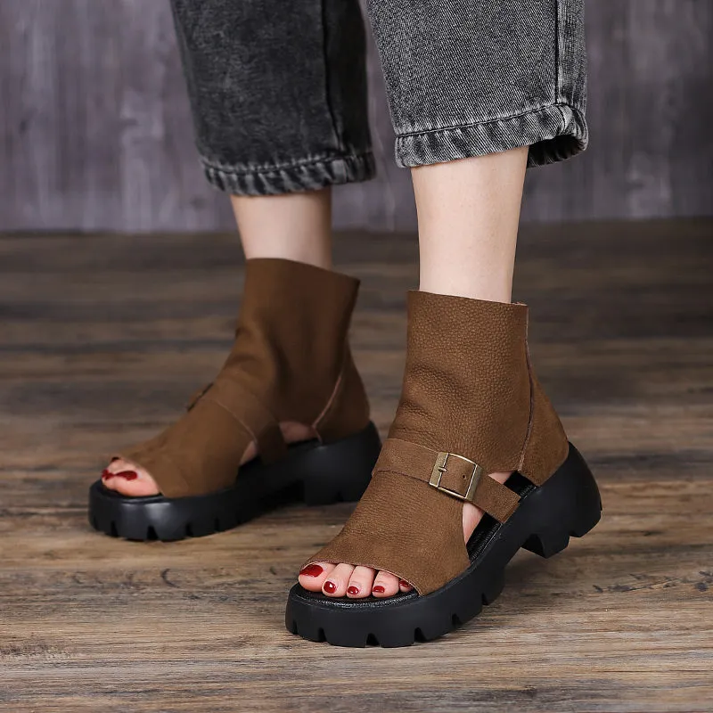 Retro Soft Leather  Chunky Sandals Platform Summer Boots for Women Coffee/Brown/Khaki Grammys Forum Oxfords Shoes