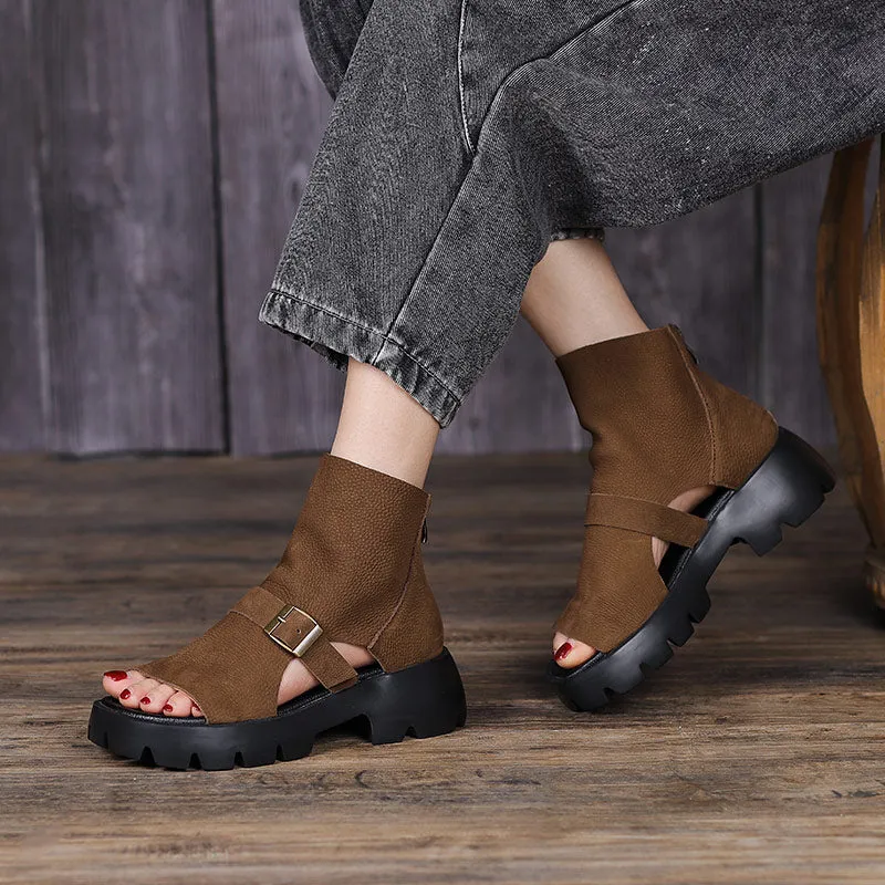 Retro Soft Leather  Chunky Sandals Platform Summer Boots for Women Coffee/Brown/Khaki Athletic Oxfords