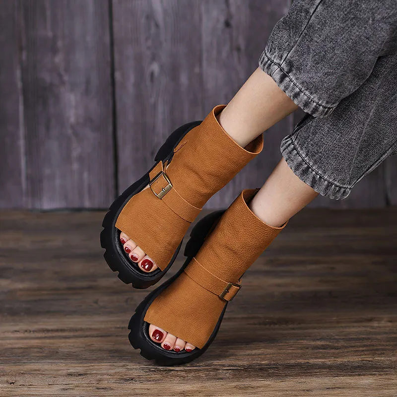 Retro Soft Leather  Chunky Sandals Platform Summer Boots for Women Coffee/Brown/Khaki Baby Oxford Shirt