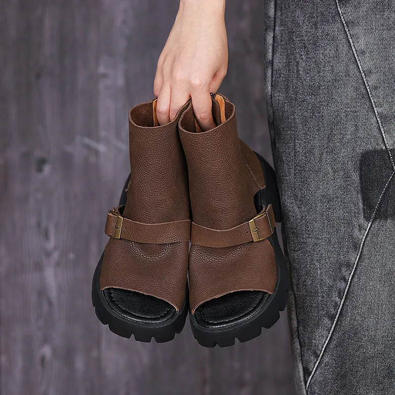 Florsheim Rucci Cap Toe Oxford Retro Soft Leather  Chunky Sandals Platform Summer Boots for Women Coffee/Brown/Khaki