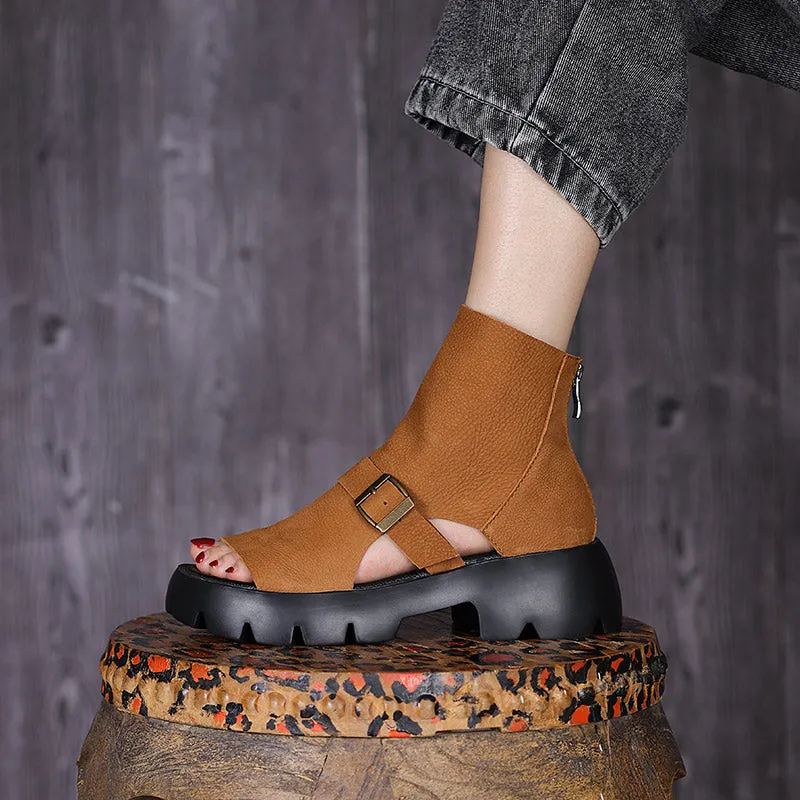 Retro Soft Leather  Chunky Sandals Platform Summer Boots for Women Coffee/Brown/Khaki Grand Evolution Stitchlite Oxford
