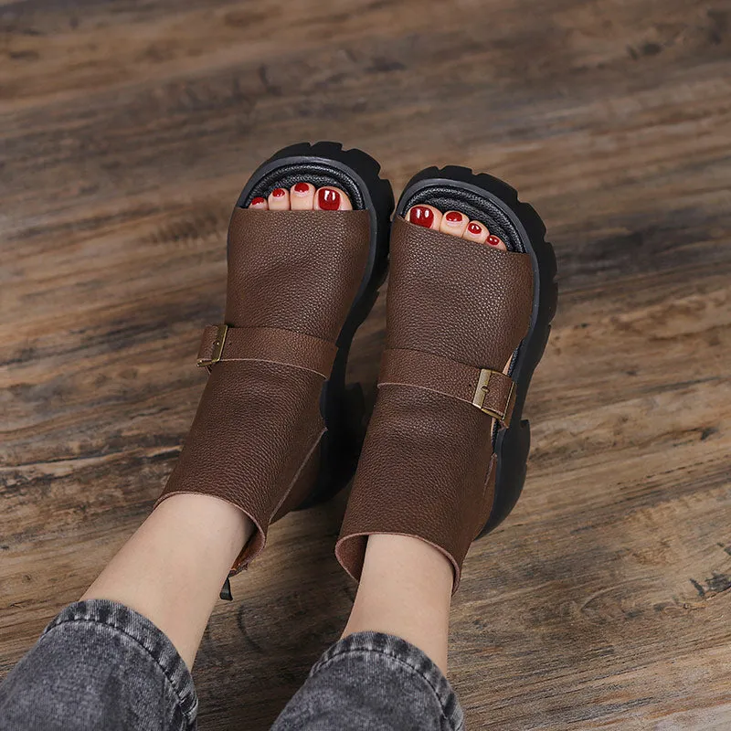 Cut Out Oxfords Retro Soft Leather  Chunky Sandals Platform Summer Boots for Women Coffee/Brown/Khaki