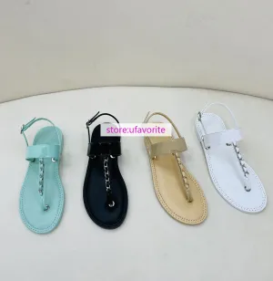 Checkered Flip Flops 1cm real leather flats sandals chain fashion Flip flops shoes women 2022new 35-42