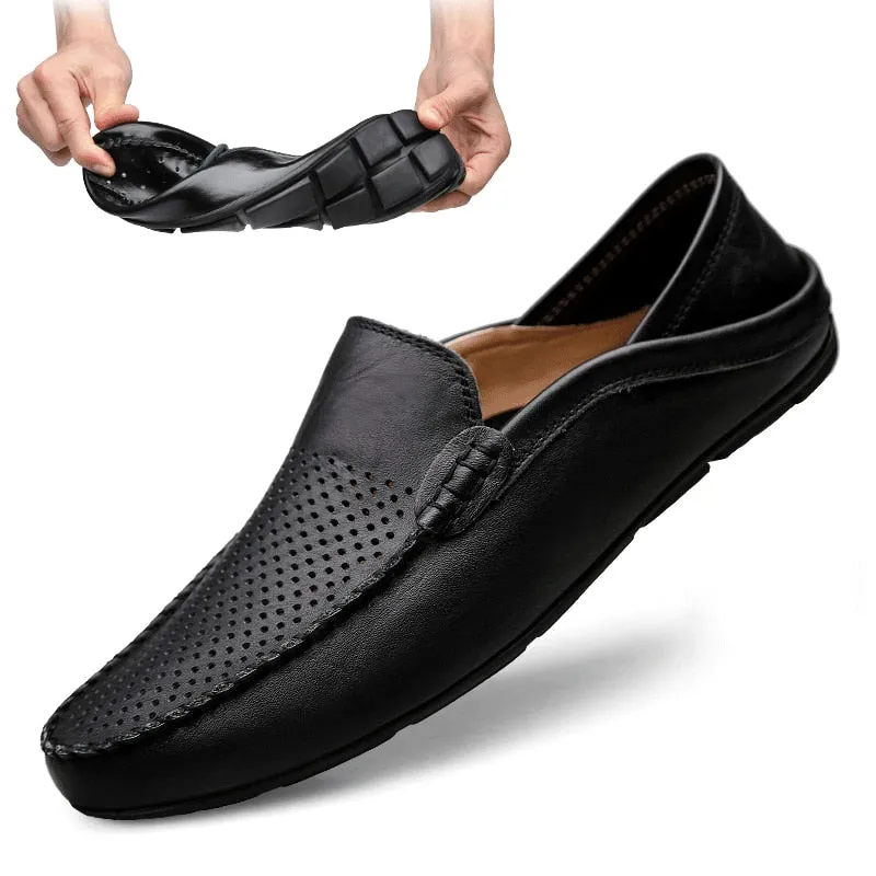 Italian Men's Shoes Casual Luxury Brand Summer Men Loafers Genuine Leather Moccasins Light Breathable Slip-on Boat Shoes Loafers For Beach Wedding