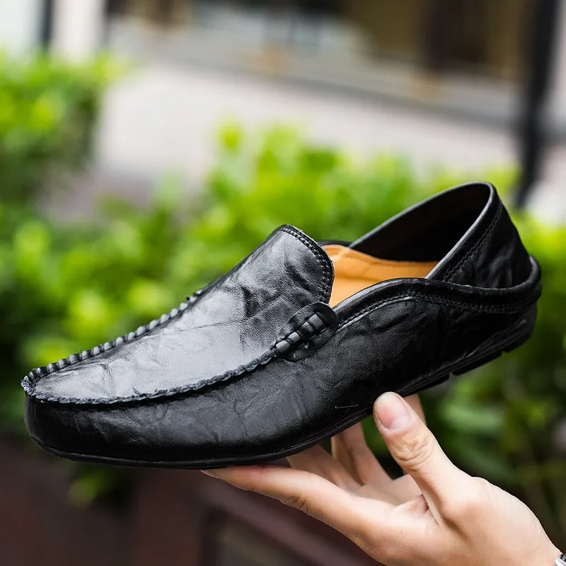 Hnm Loafers Italian Men's Shoes Casual Luxury Brand Summer Men Loafers Genuine Leather Moccasins Light Breathable Slip-on Boat Shoes