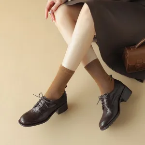 Round Toe Sheepskin Lace-Up Oxford Shoes with 50mm Block Heel Black/Brown Oxfords English Speaking Classes